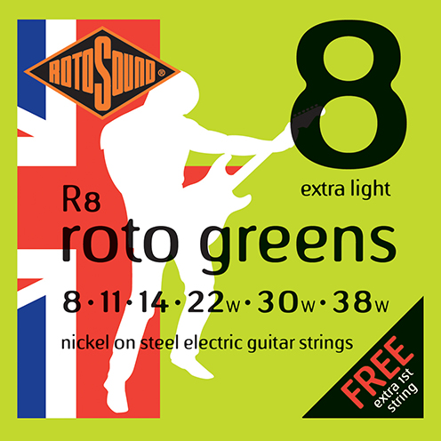 r8 Rotosound Roto nickel wound electric guitar strings. Best quality affordable giutar string for rock pop country metal funk blues