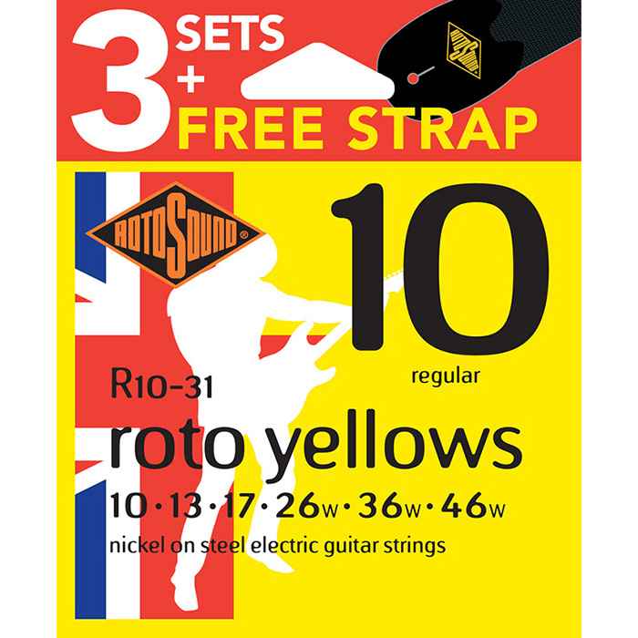 R10-31 Rotosound Roto nickel wound electric guitar strings 3 Packs with Strap.