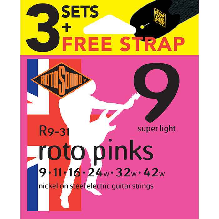 R9-31 Rotosound Roto nickel wound electric guitar strings 3 Packs with Strap.